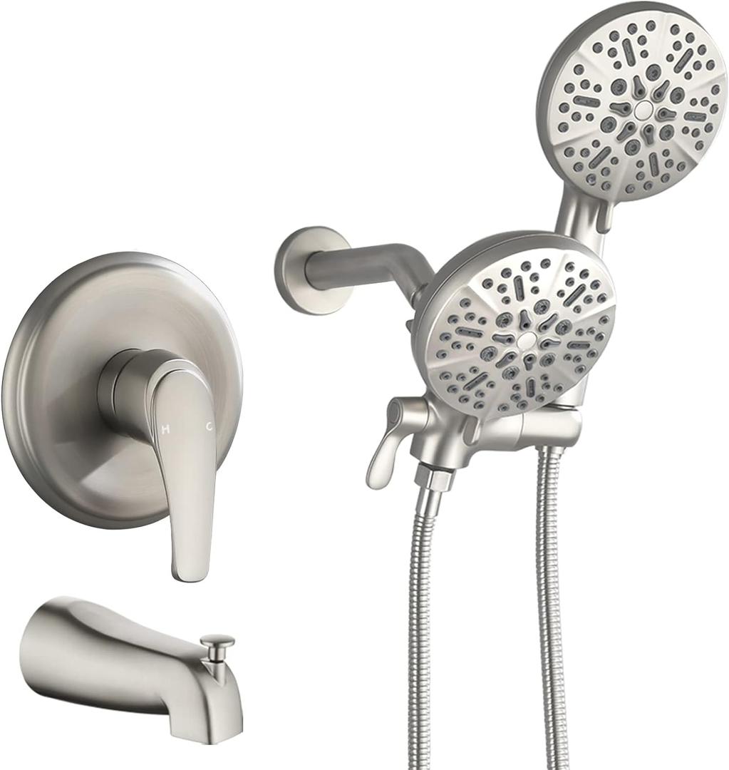 Shower Tub Kit Dual Shower System with Tub Spout Tub and Shower Faucet Set Complete Dual Shower Head and Handheld Combo Set Tub and Shower Trim Kit Brushed Nickel