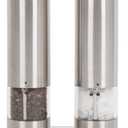 Electric Salt and Pepper Grinder Set - Battery Operated, Stainless Steel Shakers with Adjustable Fine & Coarseness, One Handed Operation, LED Light & Complimentary Mill Rest Tray ((AA) Pack of 2)
