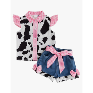 Toddler Girl Denim Western Outfit Baby Cowgirl Clothes Ruffle Cow Print Shirt Button Down Tops Belted Jeans Shorts, Size: 3-4T