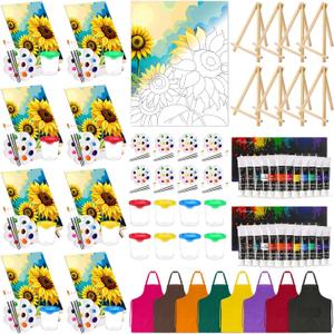 Cholemy 8 Set Paint and Sip Kit for Adults 8'' x 10'' Pre Drawn Canvas with Wooden Easels Acrylic Paint Brushes Wash Cup Palette Apron for Painting DIY Date Night Party Supplies(Sunflower)