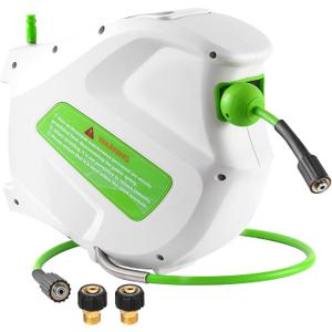 FIXFANS Pressure Washer Hose Reel with 1/4" 65ft Hose, Wall Mounted Retractable Power Washer Reel with Auto Rewind & Hidden Handle, 3600 PSI