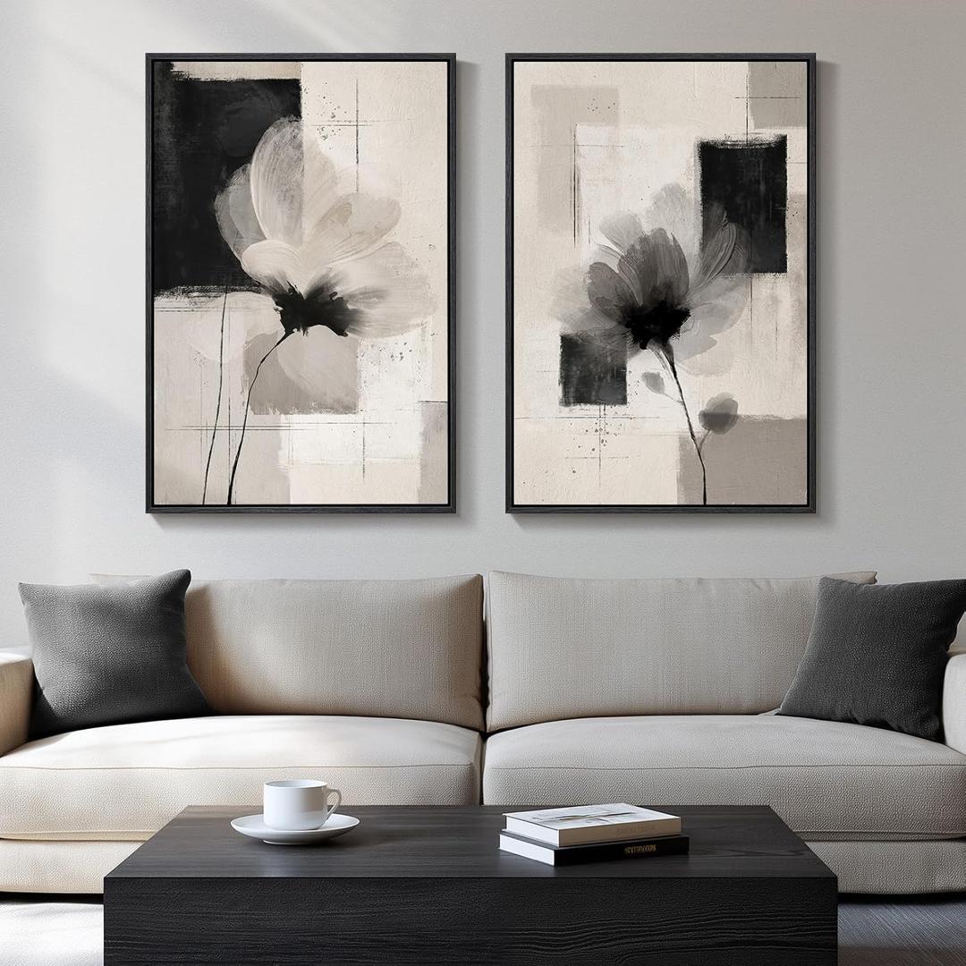 Large Framed Neutral Abstract Floral Wall Art, Set of 2 Black and Beige Modern Canvas Prints Paintings Artwork for Walls, Minimalist Pictures for Living Room, Dining Room, Bedroom Wall Decor 24x36 In, 24" W X 36" H X 2pcs