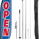 LookOurWay Feather Flag Pole Kit - 12 Feet Tall Advertising Flag Banner with Fiberglass Pole Kit and Ground Spike for Business Promotion - Grand Opening Flags - Open Blue & Red (10M1200107)
