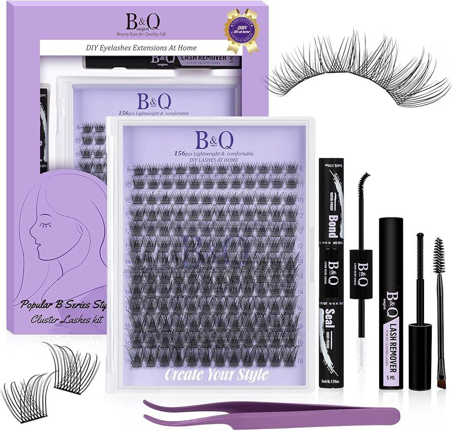 B&Q Wispy Lash Clusters Kit B01, DIY Lash Extension Kit 156PCS Eyelash Extension Kit, Soft Natural Lash Clusters 8-18MIX D Curl Lash cluster, Thin Black Band Cluster Eyelash Extensions (B01 Set)