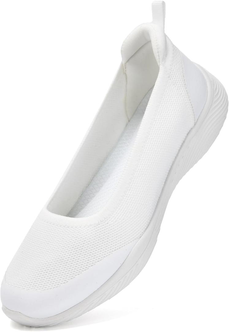 Women's Knit Slip On Walking Shoes - Comfort Ballet Flats with Rubber Sole & Arch Support (White)