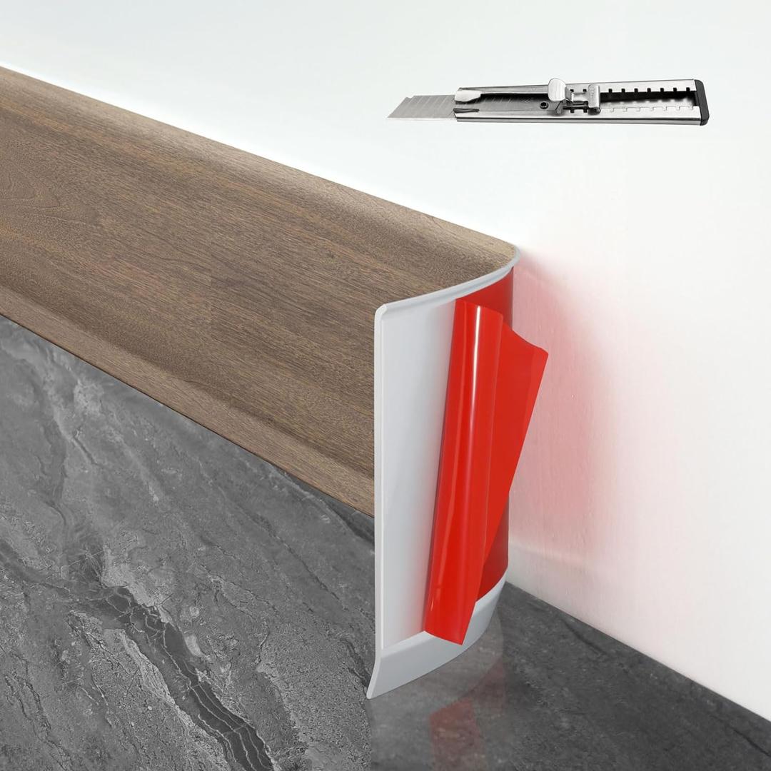 Baseboard Trim,4 Inch(W) x 20 Feet(L) Peel and Stick Flexible Baseboard Molding Trim, Self Adhesive Vinyl Baseboard Cove Base, Base Boards for Walls with Utility Knife,Brown Wood Grain