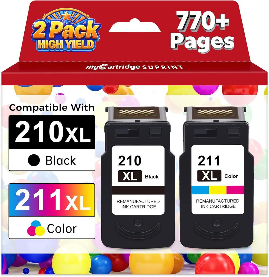 myCartridge SUPRINT 210XL 211XL Combo Pack Remanufactured Ink Cartridge Replacement for Canon 210 XL 211 XL Black Color for PIXMA MX410 IP2700 IP2702 MP240 MP250 MP495 MX340 Printer