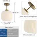 Vintage Brass & Glass Flush Mount Pendant Light, Minimalist Ceiling Lamp, E26 Chandelier for Bedroom, Hallway & Living Room Décor (White), 20cm