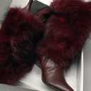 3.3-inch Kitten Heel Mid Calf Fur Boots Furry Fuzzy Fluffy Pointed Toe Boots for Women Short Boot with Side Zipper Fall Winter Snow Fold Over (7.5, Wine)