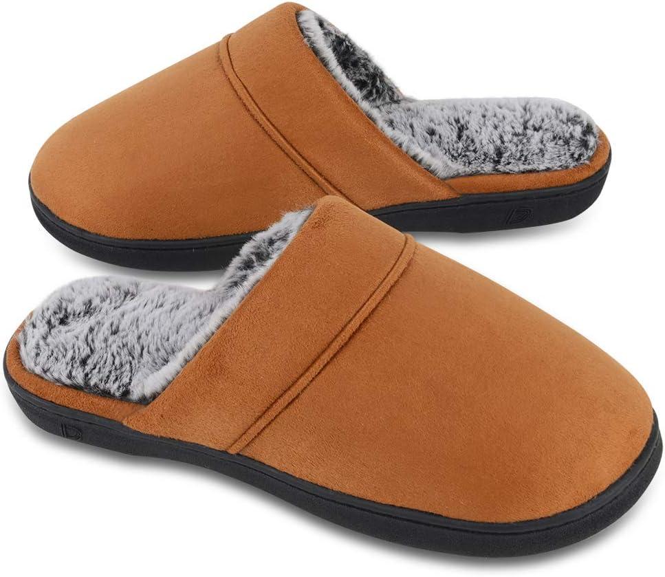 DL Men's Memory Foam Slippers with Fuzzy Plush Lining, Slip on House Slippers with Indoor Outdoor Anti-Skid Rubber Sole