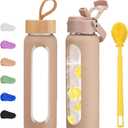24 oz Glass Water Bottle with 2 Lids-Handle Straw Lid & Bamboo Lid,1 Liter Motivataional Tumbler Water Bottle Time Marker, Borosilicate Glass Water Bottles With Silicone Sleeve, Leakproof (Amber)