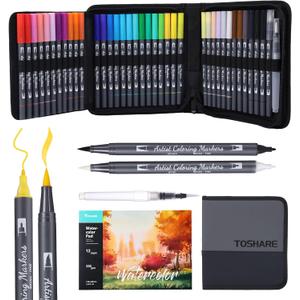 Watercolor Pens Set, 36-Color Dual Tip Professional Watercolor Markers for Adults, Water-Based Coloring Markers with 1 Aquapen, 1 Colorless Blender, 1 Black Marker, and 12-Page Pad, Art Supplies