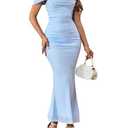 KUTUMAI Off The Shoulder Maxi Long Dress Corset Ruched Bodycon Cocktail Formal Wedding Guest Dresses for Women Blue XL