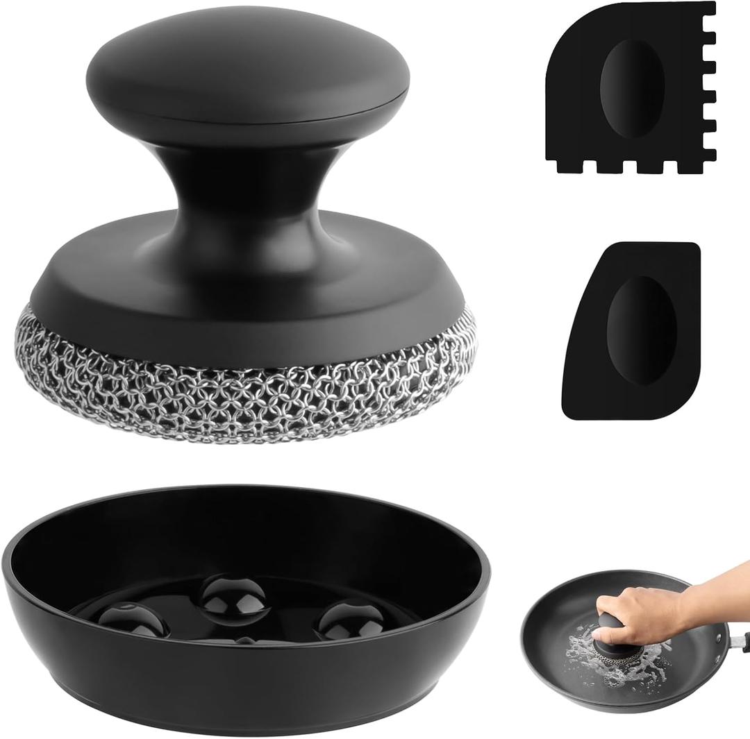 Cast Iron Scrubber Cleaner, Chainmail Scrubber for Cast Iron Pan Skillet, Dish Scouring Pad, 316 Stainless Steel Brush/ Scraper for Metal Skillet Scrubbing, Wok, Dutch Oven Cleaning Kit - Thin Mesh