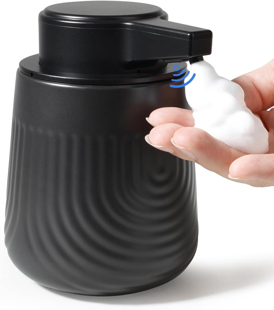 BosilunLife Ceramic Automatic Soap Dispenser with Extended Pump Nozzle, 3 Adjustable Levels, Touchless Foam Hand Wash Foaming Dispenser for Bathroom & Kitchen, Embossed Wave Design, Black, 10oz