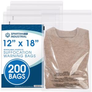 Spartan Industrial - 12 X 18 (200 Count) Self Seal Clear Poly Bags with Suffocation Warning for Packaging, T Shirts & Shipping - Resealable Glue