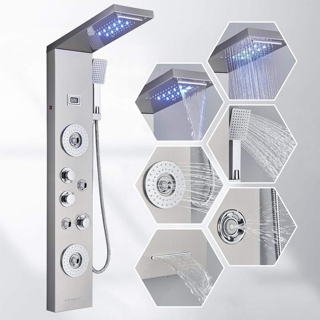 AlenArt Shower Panel LED Shower Tower System with Rainfall Waterfall Shower Head, 4 Body Massage Jets,Hand Shower Sprayer and Tub Spout Stainless Steel, Brushed Nickel