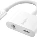 Belkin RockStar Lightning to 3.5mm Audio Cable + Audio Charger Splitter, 2-in-1 Aux iPhone Headphone and Charger Adapter - Compatible with iPhone 14, 13, 12, 11, X, and More - White