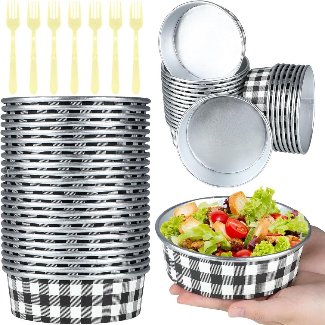 gisgfim 24 Set Black and White Party Supplies 18.6oz Disposable Bowls Cups Racing Car Buffalo Plaid Paper Serving Bowls Snack Checked Ice Cream Cups Tableware Fork for Birthday 24 Guests