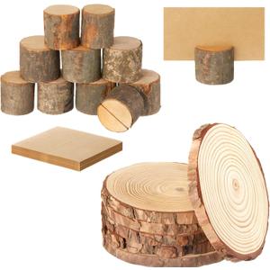 Amyhill 6 Pcs Wood Slices 12 Pcs Wood Place Card Holders & 30pcs Table Place Cards Rustic Wooden Card Photo Picture Note Clip Holders Bulk for Wedding Party Table Number Sign (1.2 x 1.2 Inches)