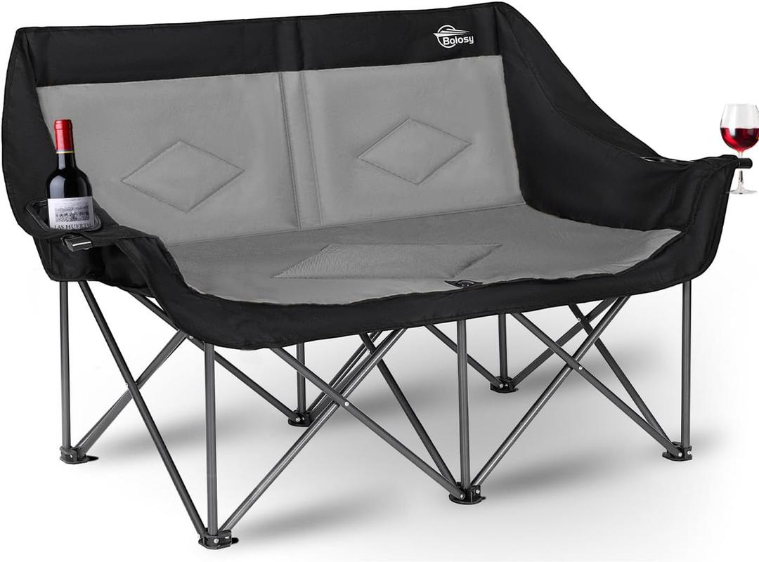 2 Person Camping Chair Camping Loveseat Oversized Double Folding Camping Chair Heavy Duty Two Person Camp Chair Love Seat Dou Chairs Sport Lawn Chair for Adults (Black & Grey)
