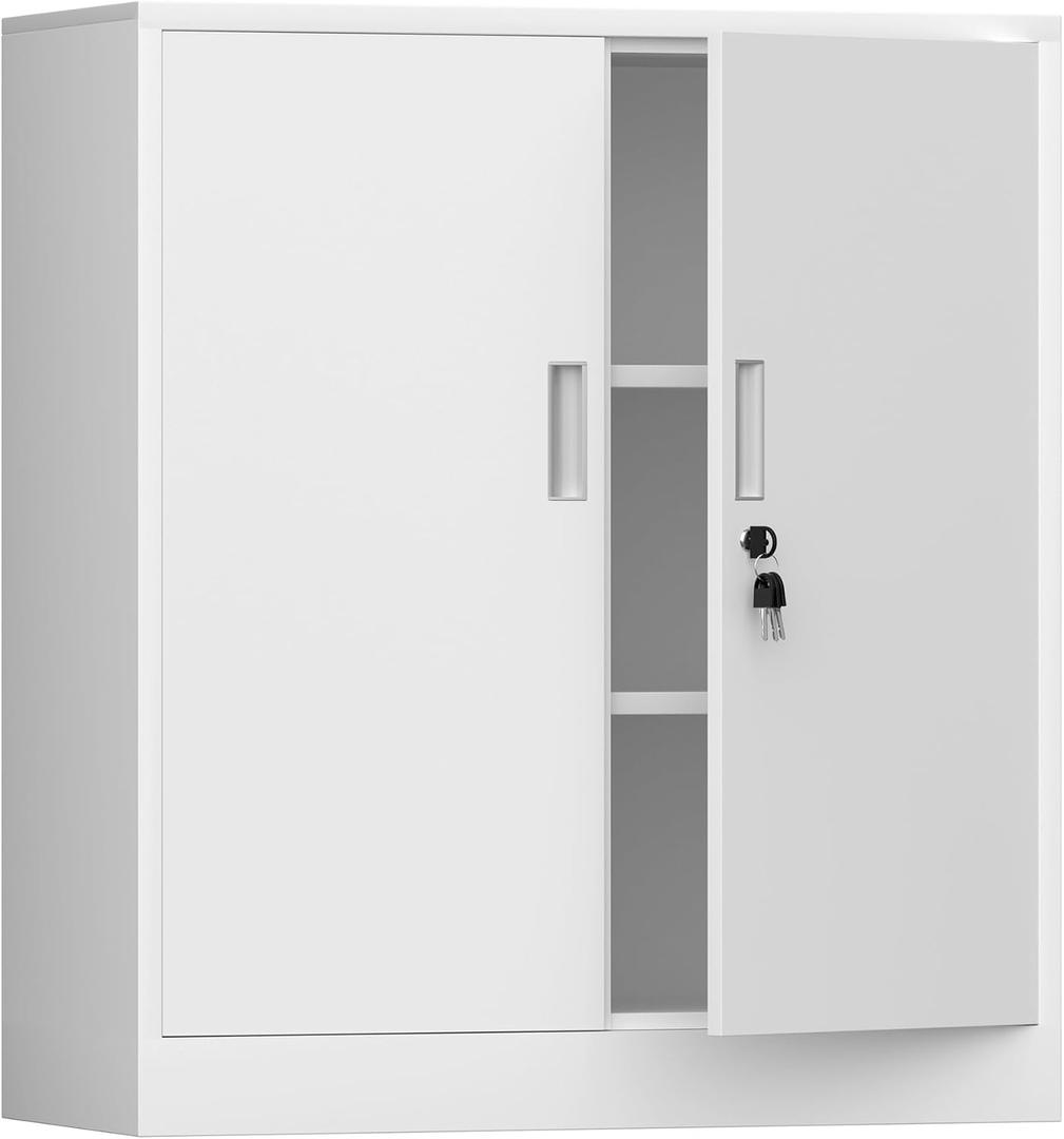 iJINGUR Metal Storage Cabinet with Locking Doors and 2 Adjustable Shelves, Small Lockable Storage Cabinet for Home Office Garage (White), 36.22"H