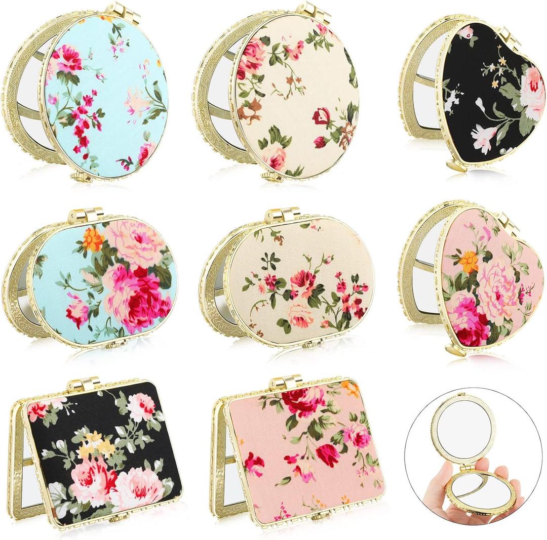 Blulu 8 Pieces Compact Mirror Bulk for Purse Flower Small Floral Retro Folding Portable Pocket Mirror for Women Girls Travel Gift(Gold Edge)