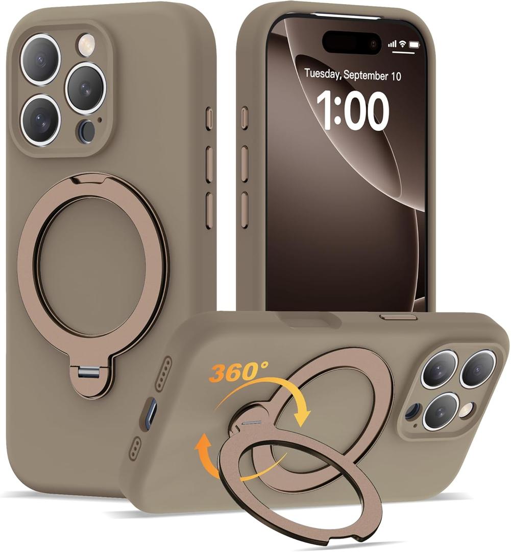 Compatible with iPhone 16 Pro Max Case 6.3'' with 360 Spin Magnetic Ring Stand[Compatible with Mag-Safe] Soft Liquid Silicone 16 Pro Max Case for Men Women,Desert Gold