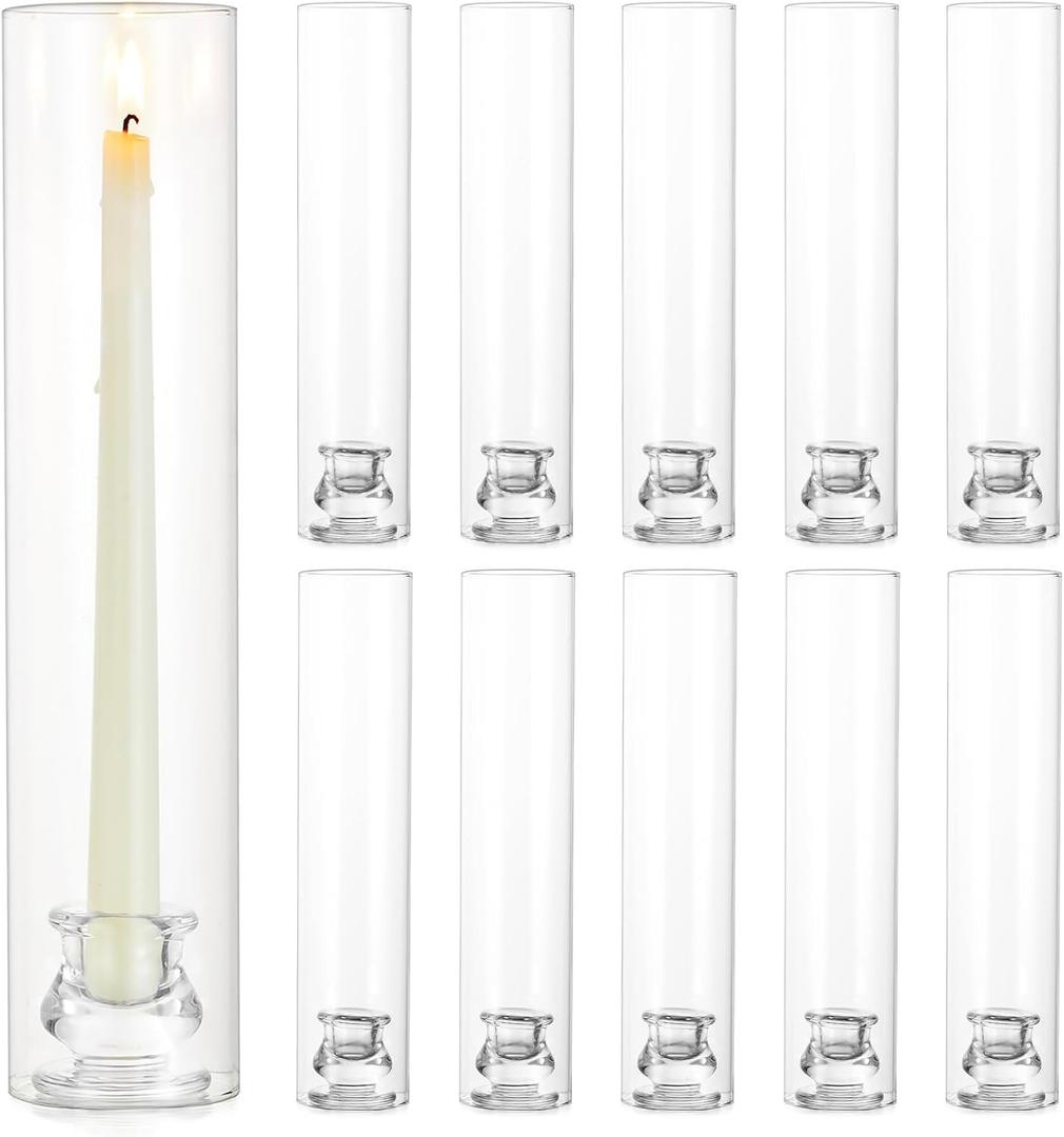 Hurricane Taper Candle Holders Glass: 10 Pcs Hurricane Candlestick Holder Bulk Tapered Candlestick Holders with 12" Tall Cylinder Chimney Glass Candle Holder for Wedding Table Decoration Party (Clear)