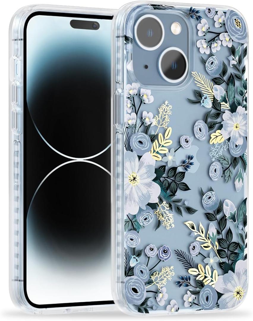 SCORPIFY for iPhone 15 Case with Blue Nemophila Floral Design, Cute Clear Flower Phone Cover for Women Girls, [Non Yellowing] Slim Shockproof Bumper with Gold Accents