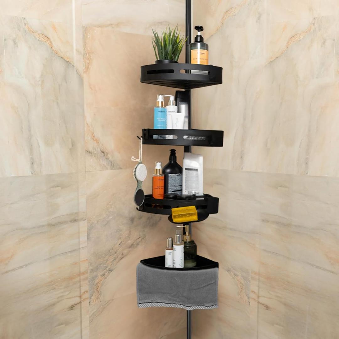 Matte Black Tension Shower Caddy Corner Organizer, Rust-Proof Stainless Steel | 4 Deep Adjustable Shelves, Anti-Slip Tension Pole 34114 | Hooks, Towel Bar & Soap Holder for Clean Modern Bathrooms