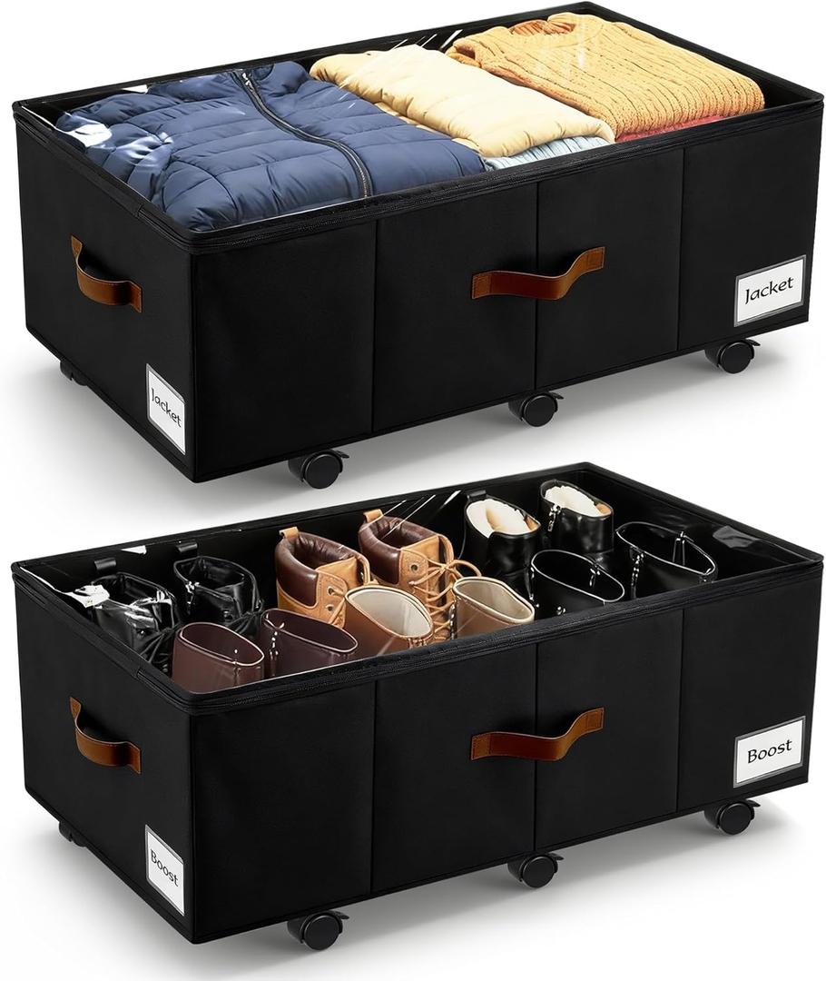 Under Bed Storage with Wheels,Underbed Storage with Sturdy Sidewalls/Bottom, Clear Cover, Label and PU Handle, Rolling Under Bed Drawers for Clothes, Shoes, 11 Inch Height,Black, 2 Pack