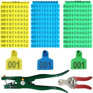 300PCS 001-100 Number Plastic Livestock Cattle Ear Tags Farm Animal Tags ID Tags Green Yellow Blue Ear Tagger + Ear Tag Applicator + Ear Tag Remover for Cattle Cow Pig Goat Sheep
