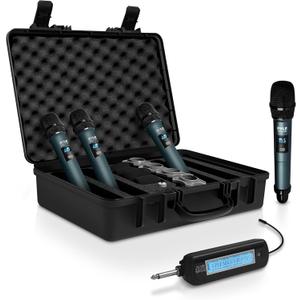Pyle Portable UHF Band Receiver System, 4 Channel Wireless Microphone System Independent Channel Controls, RF Signal LCD Indicator, Digital Audio Microphone Set with 4 Handheld Microphones