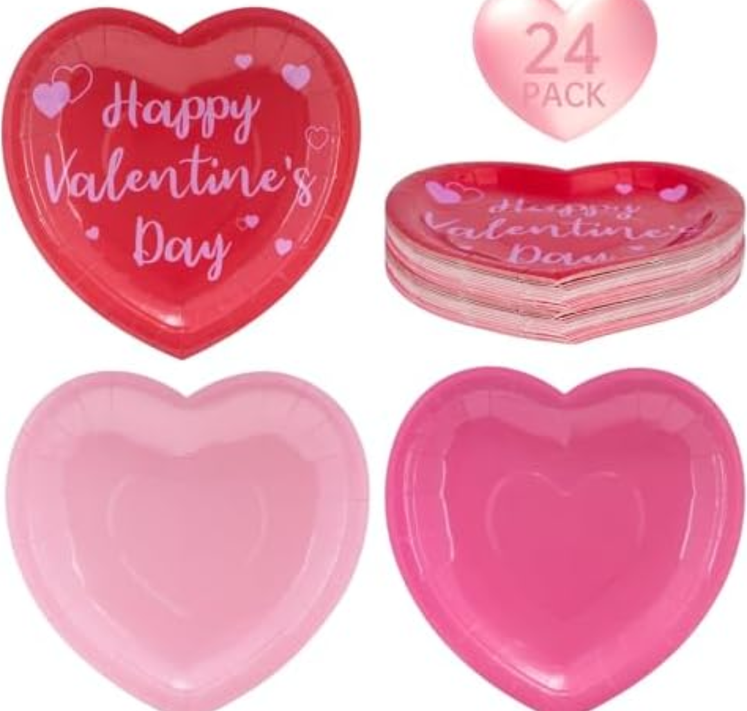 Pack of 2 24 Pcs Happy Valentine's Day Plates - Red Pink Heart Shaped Paper Plates, Disposable Love Heart Dinner Dessert Plate Tableware for Valentines Day Anniversary Wedding Party Supplies, 7.5 x 7.5 Inch