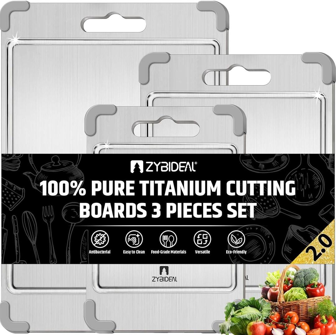 3Pcs 100% Pure Titanium Cutting Board with Grooves, Update Double Side Titanium Chopping Board, Silicone Anti-slip Stainless Cutting Boards Set for Kitchen