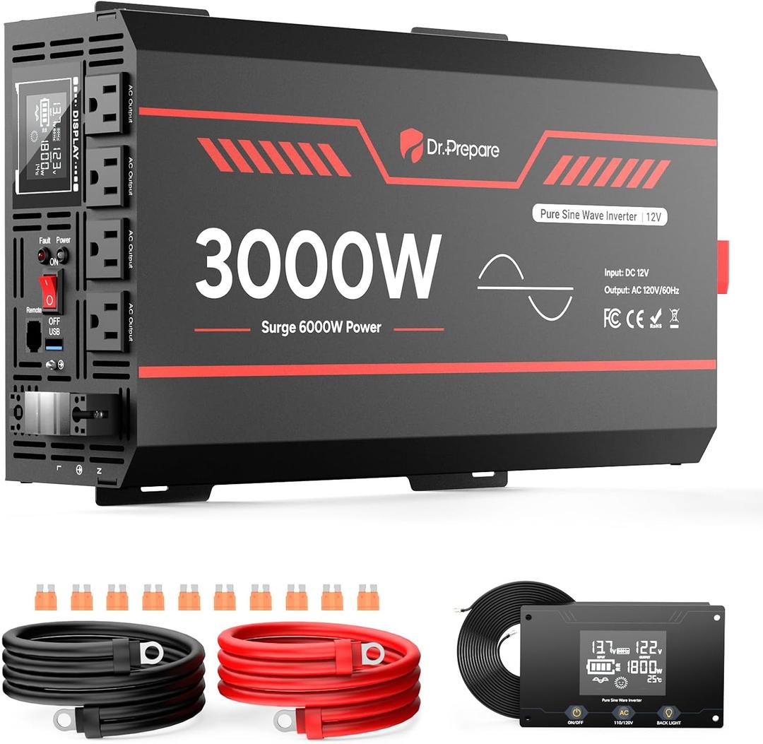 DR.PREPARE 3000W Pure Sine Wave Inverter 12V DC to 110V AC Converter, w/ 6000W Peak, GFCI Protection, 4X AC Sockets, Hardwire Port, Remote, Solar Power Inverters for Vehicles, RVs, Home, Off Grid