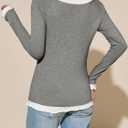 Tankaneo Womens Long Sleeve Shirts Crewneck Patchwork Casual Fitted Tunic Tops Ruffle Lightweight Outfits (Gray, L)