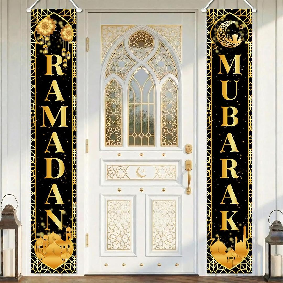 Ramadan Decorations for Home Muslim Welcome Ramadan Banner Porch Door Sign Hanging For Ramadan Eid Mubarak Party Wall Decor Indoor Outdoor Party Supplies Black