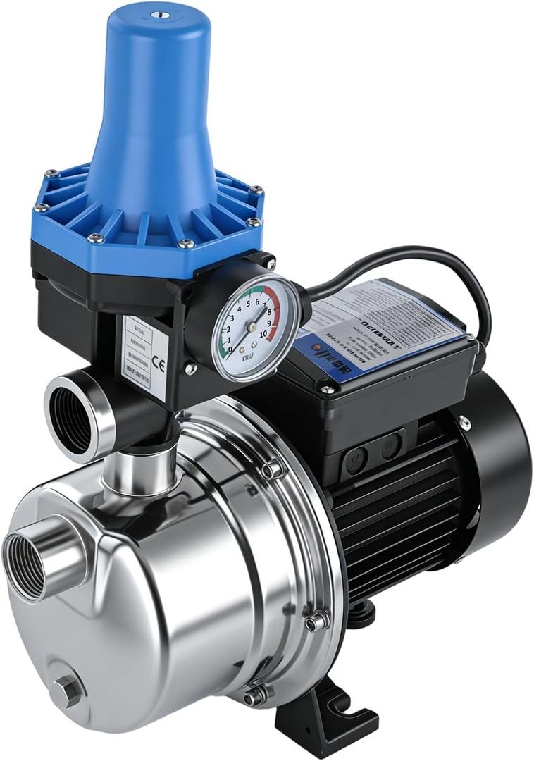 3/4 HP 1020 GPH Shallow Well Water Jet Pump Stainless Steel Automatic Water Booster Pump 118FT 115V for Home, Garden, Lawn Transfer Draining Irrigation