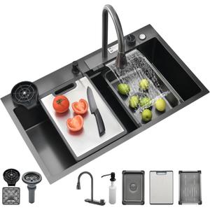 Black Kitchen Sink, 30 Inch Nano Stainless Steel Waterfall, Countertop Workstation Single Sink Set & Accessories, for Countertop, Kitchen, Bar (BLACK, 30IN)