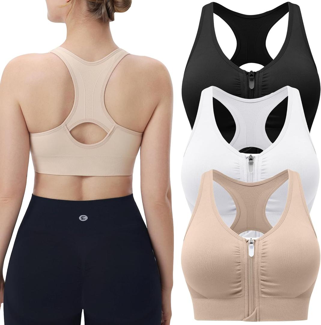 Evercute Women's Zip Front Sports Bras Wireless Padded Racerback Medium Support Post-Surgery Bra Yoga Exercise Athletic Bras (XX-Large, Black White Flesh 3 Pack)
