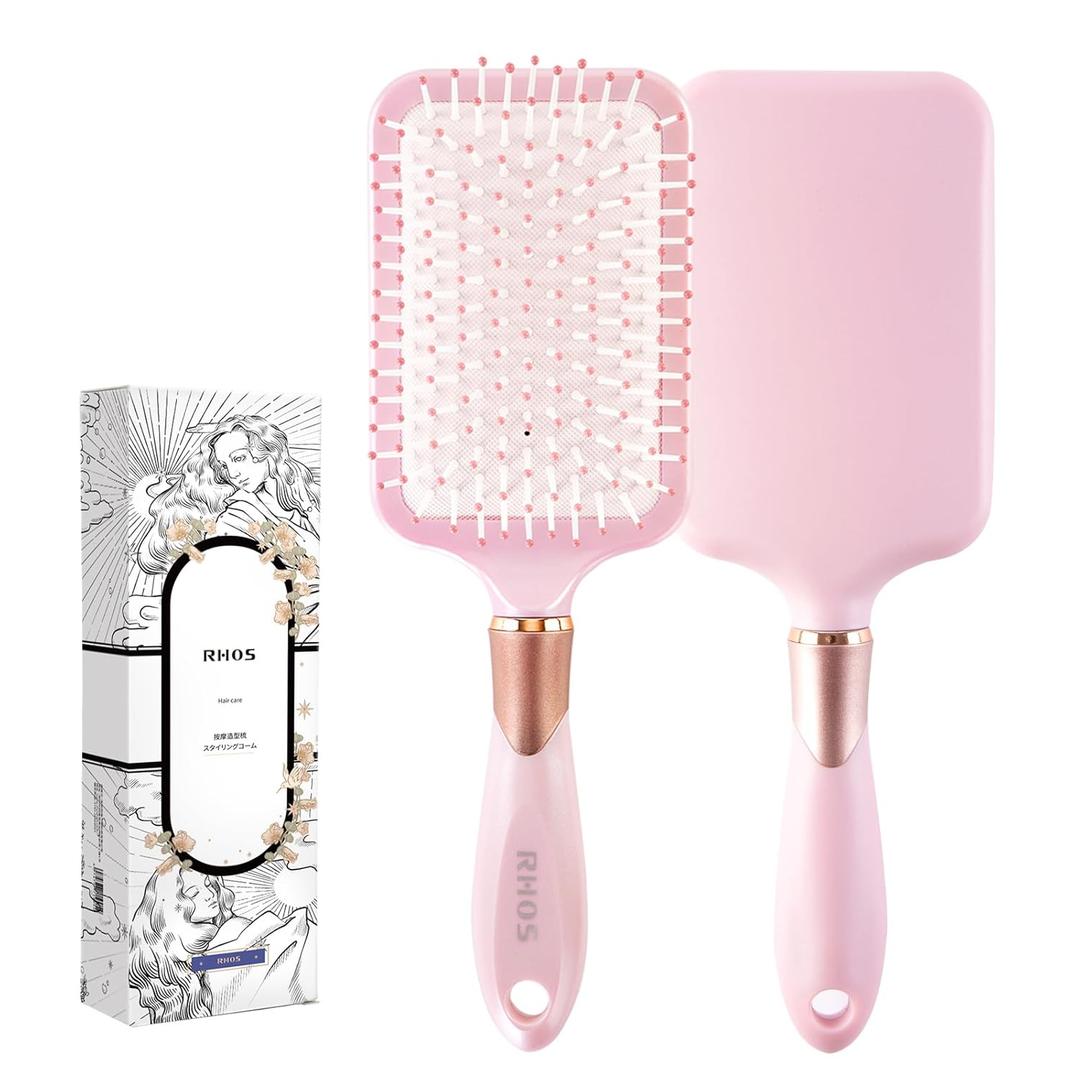 RHOS Paddle Brush for Women & Men - Detangler for Thick, Curly, Long, Wet & Dry Hair - Nylon Bristles Square Cushion Brush for Smoothing and Detangling (1 Pack - Pink)