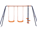 Double Swings Set Sturdy Metal Swing w/1 Seesaw Set for Children Outdoor Play