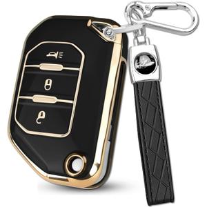 for Jeep Key Fob Cover, Premium Soft TPU Full Protection Key Case Compatible with Wrangler JL JLU Rubicon Sahara Sport S 4xe, Gladiator JT 3 Button Flip Remote Smart Key Shell (G-Black)