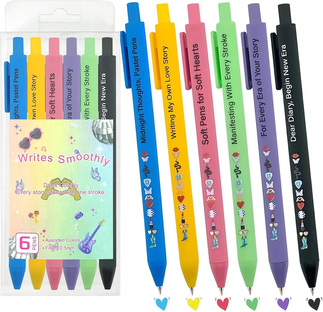 Taylor Style Gel Pens Set of 6  Retractable Colored Gel Ink Pens for School, Journaling & Coloring, Cute Music-Inspired Stationery Gift for Students & Teachers