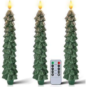 Homemory 3 Pcs Christmas Tree Candles with Remote, Waxy Flameless Taper Candles Flickering, Green LED Candlesticks Battery Operated for New Year Celebration Holiday Decorations 9.7 Inches