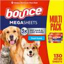 Bounce Pet Hair and Lint Guard Mega Dryer Sheets with 3X Pet Hair Fighters, Fresh Scent, 130 Count, Bounce Dryer Sheets, Fabric Softener Sheets