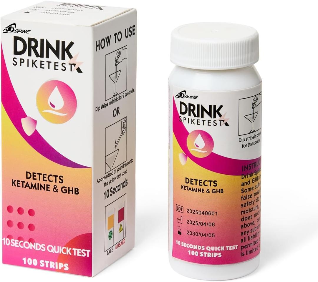 Spike Drink Test Strips Detector for Beverage Safety, 100 Count, 10-Second Detection, Tests for GHB and Ketamine in Beverage, Water, Wine, Cocktail, Beer, Juice etc;