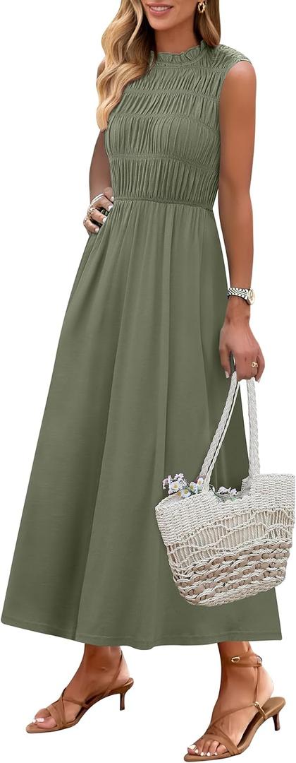 ANRABESS Women's Summer Casual Maxi Dresses Sleeveless Boho Smocked Flowy A-Line 2025 Spring Beach Vacation Sundress Pockets Olive Green XX-Large